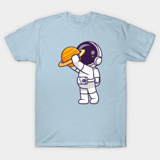 Cute Astronaut Holding Planet Cartoon T-Shirt